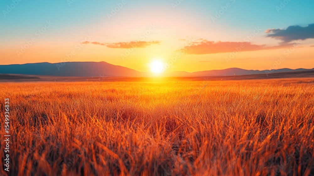 Fototapeta premium Golden sunset over a vast field of tall grass.