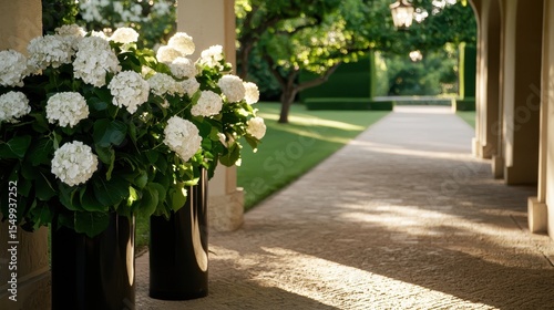 Elegant Hydrangea Pots Framing Serene Garden Pathway at Dusk