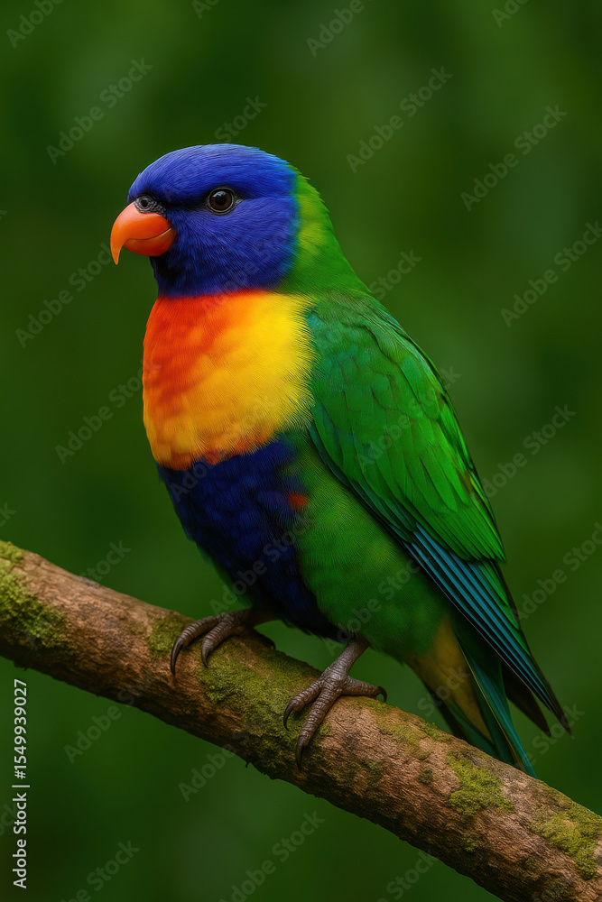 Obraz premium Colorful rainbow lorikeet with vibrant blue head orange breast yellow collar and green wings perched on tree branch against blurred green background in tropical forest setting