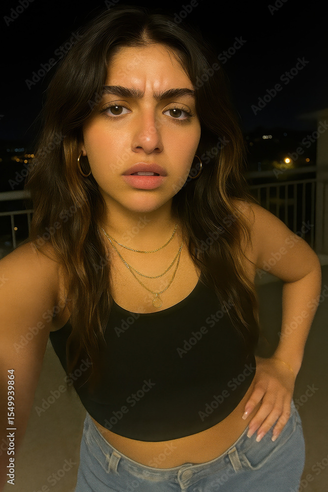 Fototapeta premium Young woman taking nighttime selfie with raised brow and slightly confused or annoyed expression representing candid emotion and casual evening vibe