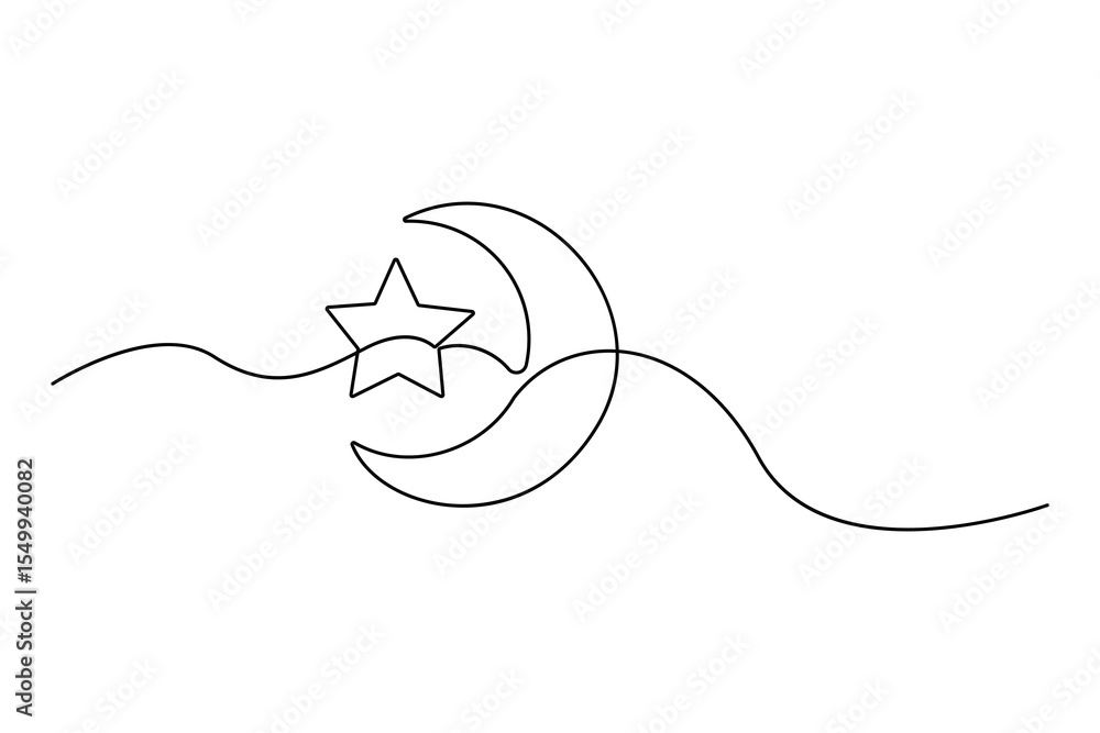 Obraz premium One line drawing of crescent moon and star minimalist ramadan vector design 
