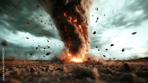 This powerful image captures a tornado erupting with a dramatic fiery explosion, illustrating nature's ferocity and chaotic beauty with striking visual impact.