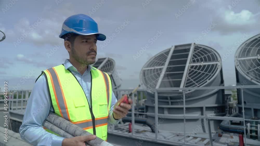 Professional worker in safety vest and hard hat communicates on rooftop, inspecting HVAC systems with cooling towers for optimal air conditioning performance. Professional worker in safety vest and hard hat communicates on rooftop, inspecting HVAC systems with cooling towers for optimal air conditioning performance.