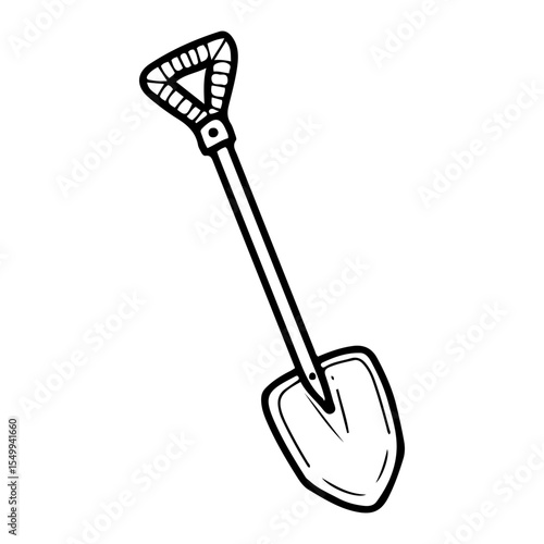 Firefighter shovel. Hand drawn doodle vector. Rescuer equipment for extinguishing fire. Metal digging tool. Illustration line art element.