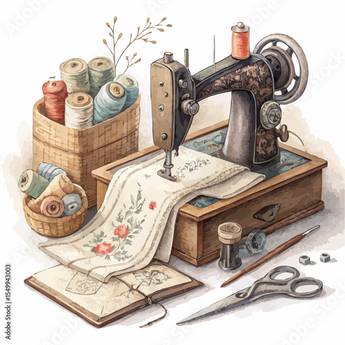 Cozy vintage sewing nook with sewing machine, fabric rolls, scissors, threads, and open sketchbook. Watercolor and charcoal style, isolated on white background, clean outline, warm and realistic textu