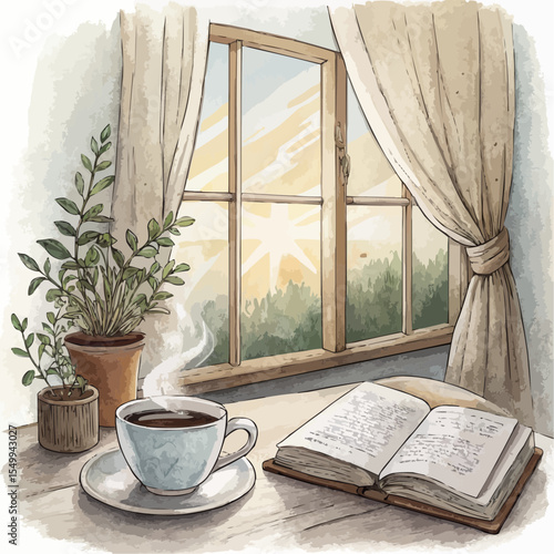 Cozy morning scene with cup of coffee, open book, window frame, curtains, sunlight, and potted plant. Watercolor and charcoal style, isolated on white background, warm light, soft textures, peaceful a