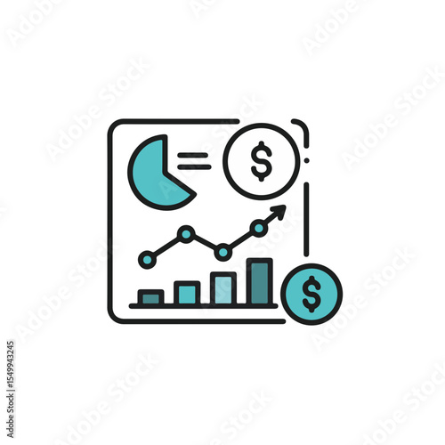 Business graphic illustrating a pie chart, bar graph, line graph, and dollar signs, symbolizing financial growth.
