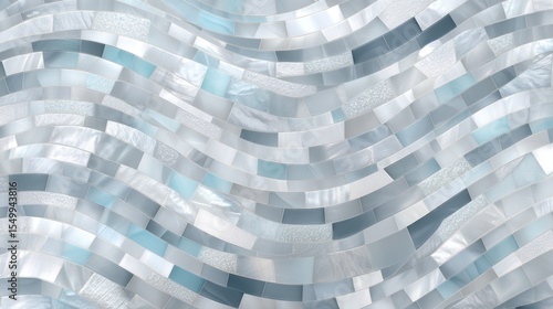 Refined mosaic backdrop of pearl white and mother-of-pearl glass fragments in gentle wave pattern