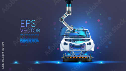 Automation industry. Robot arm work on car factory or manufacturing line. Robotic hand attaches windshield or glass on car. Technology industry automation production automobile. Industrie 4.0