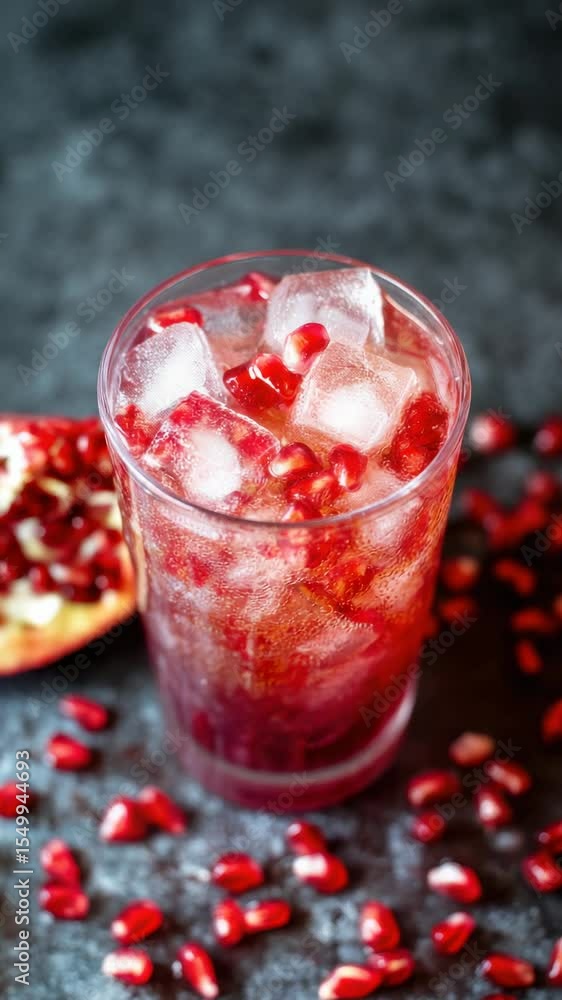 Refreshing pomegranate drink with ice served in a clear glass on a dark background Refreshing pomegranate drink with ice served in a clear glass on a dark background