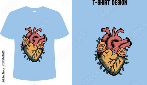 Anatomical heart graphic t shirt design with flower elements for medical professionals and students gift idea editable stock vector