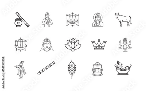 Collection of Hindu religious Krishna Janmashtami icons and symbols in a clean line art style