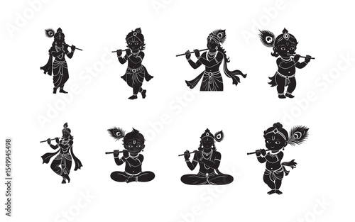 A collection of black silhouette illustrations of lord Krishna playing the flute in Various Artistic Poses