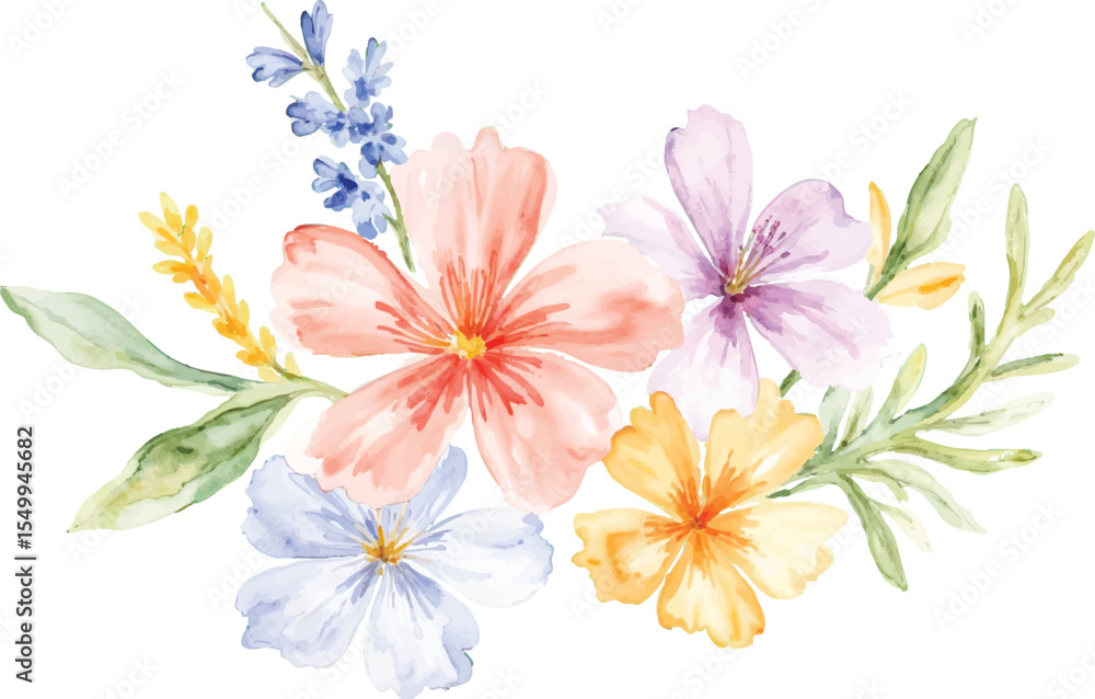 Fototapeta premium Delicate watercolor floral arrangement featuring soft hues of pink lavender blue and yellow flowers with green leaves isolated on transparent background
