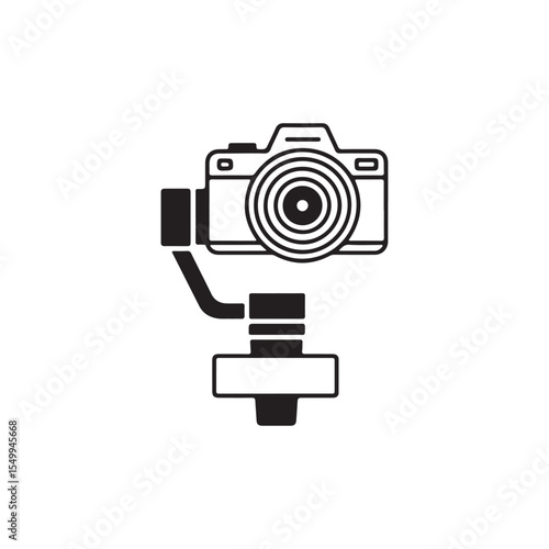 Black and white icon of a camera mounted on a gimbal stabilizer for smooth video recording