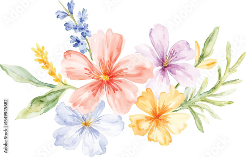 Delicate watercolor floral arrangement featuring soft hues of pink lavender blue and yellow flowers with green leaves isolated on transparent background