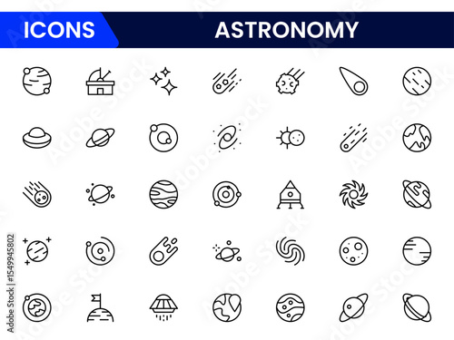 Celestial vector web line icons depicting astronomy, telescopes, stars, planets, and cosmic exploration for stellar scientific discovery.
