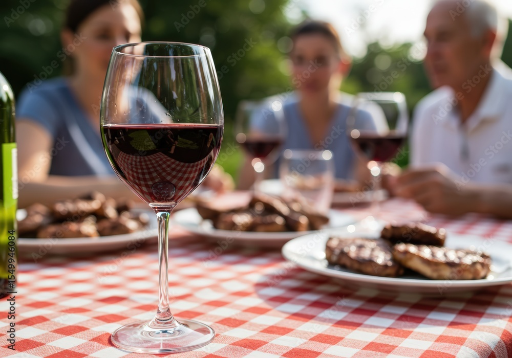 Obraz premium A family enjoys a summer picnic with wine and grilled food.