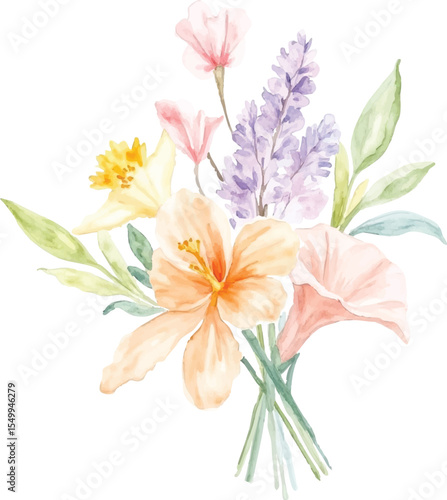 Delicate watercolor floral arrangement featuring peach hibiscus daffodils lavender and pink flowers isolated on transparent background