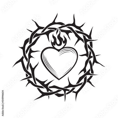 heart, crown of thorns and flame isolated on white background