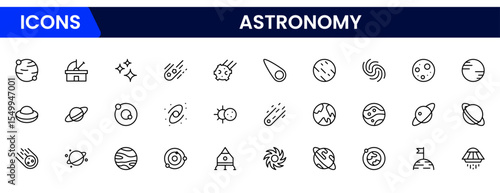 Celestial vector web line icons depicting astronomy, telescopes, stars, planets, and cosmic exploration for stellar scientific discovery.