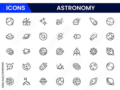 Celestial vector web line icons depicting astronomy, telescopes, stars, planets, and cosmic exploration for stellar scientific discovery.