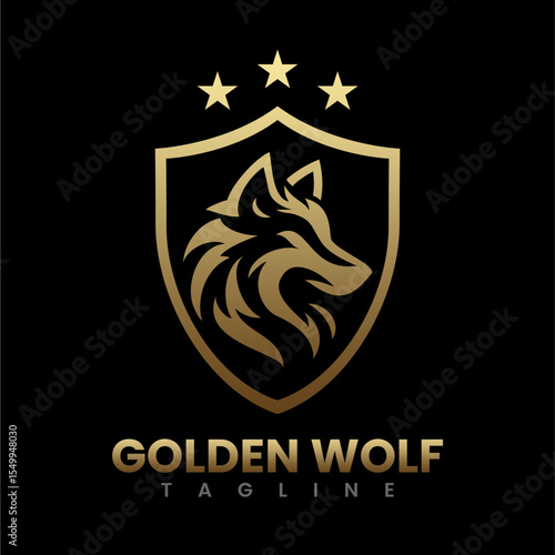 Golden Wolf Shield Logo Design with Three Stars