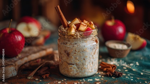 Solar-heated jar of overnight oats with apples and cinnamon on a softly blurred sustainable caravan kitchen backdrop