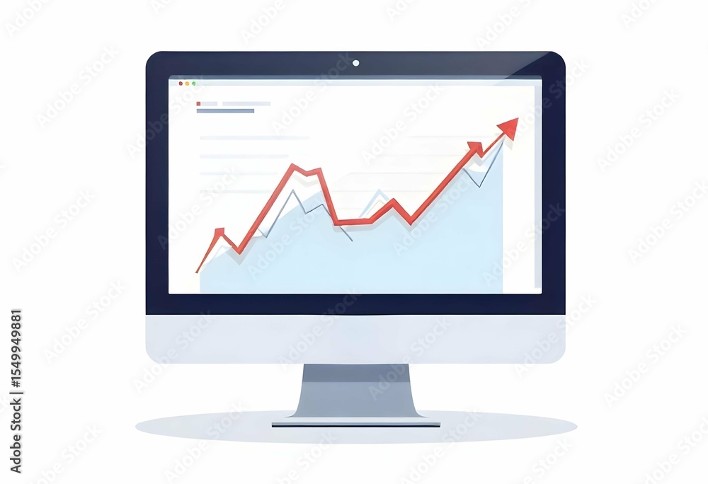 Flat vector icon of a computer screen displaying a line graph, clean design with solid base, white background, symbolizing data analytics or business tracking Flat vector icon of a computer screen displaying a line graph, clean design with solid base, white background, symbolizing data analytics or business tracking