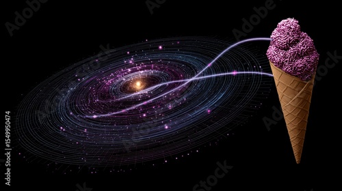 Suspended ice cream cone with vibrant sprinkles revolving near a binary star system