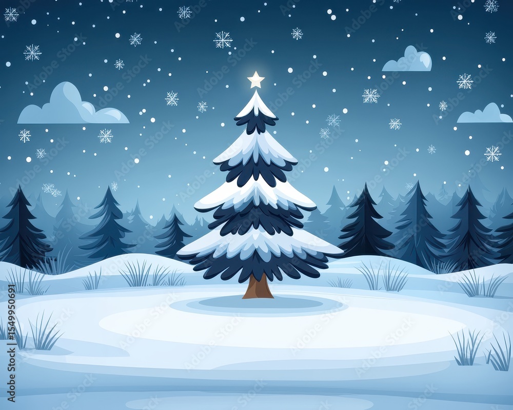 Snowy Winter Landscape with Pine Tree and Falling Snowflakes Snowy Winter Landscape with Pine Tree and Falling Snowflakes