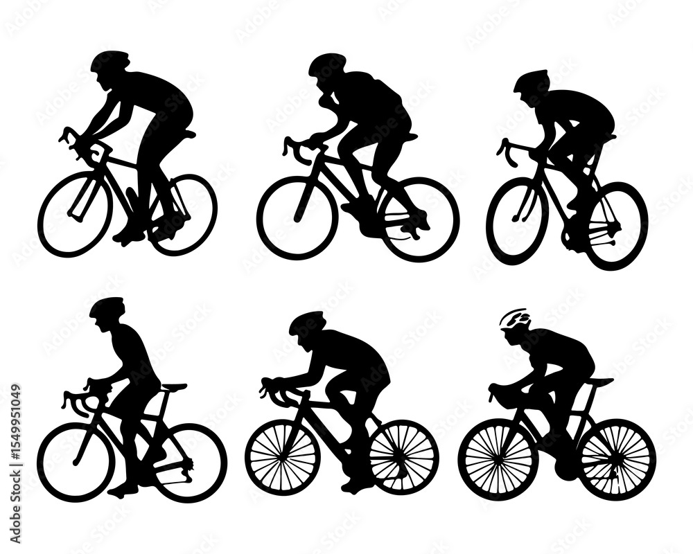 Obraz premium Black Silhouettes of Cyclists Riding Road Bikes Against a White Background