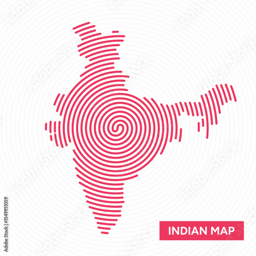 Creative Spiral Fingerprint Map of India – Abstract Modern Line Art Representing Indian Geography in a Unique Circular Pattern for Infographics, Posters, and Educational or Political Use