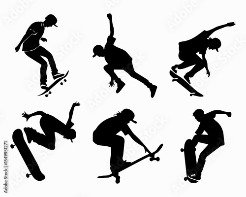 Silhouette Collection of Skateboarders Performing Tricks in Various Dynamic Poses