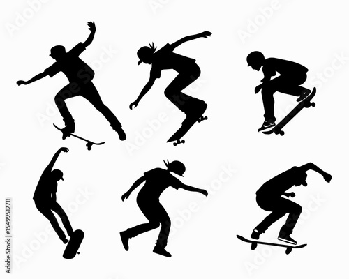 Silhouette Skateboarders Performing Tricks A Dynamic Collection of Skateboarding Action Poses