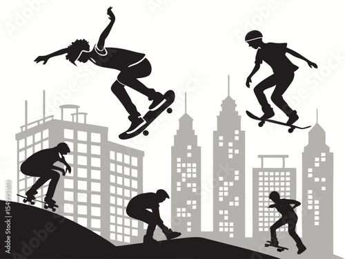 Skateboarders in Silhouette Performing Tricks Against a Cityscape Background Illustration