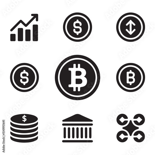 Financial icons including bitcoin, dollar, and bank