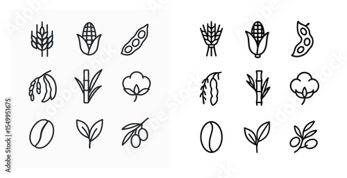 Agriculture and farming outline icons set – line, crops and harvest design graphics