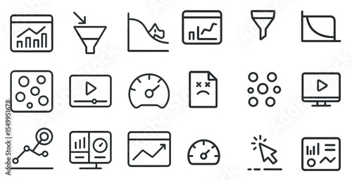 Data analytics outline icons set – charts, graphs, business intelligence symbols