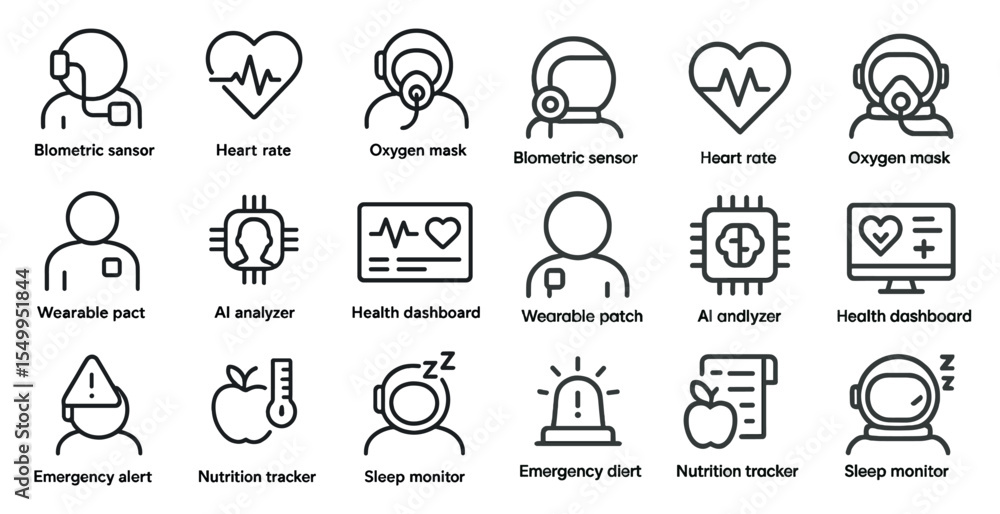 Fototapeta premium Wearable health line icons set – biometric, heart rate, oxygen monitoring designs
