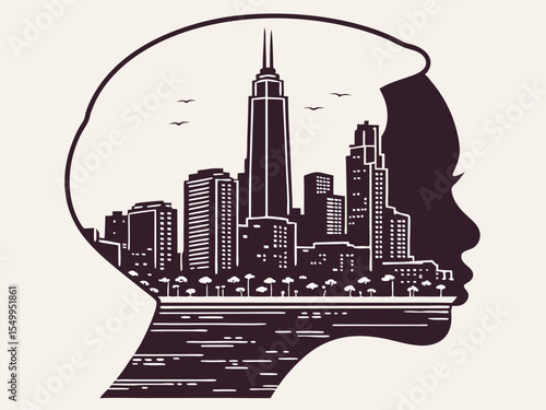 Cityscape Silhouette A Woman s Profile Filled with Urban Architecture and Nature