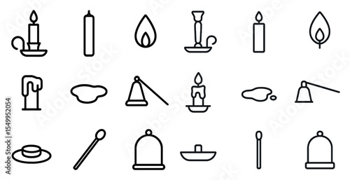 Candle and wax outline icons set – line, silhouette, lighting and home decor symbols