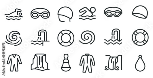 Swimming and pool outline icons set – linear, aquatic, sport and leisure designs