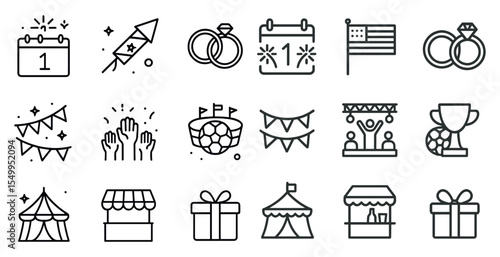 Festival and celebration outline icons set – linear, event, party symbols
