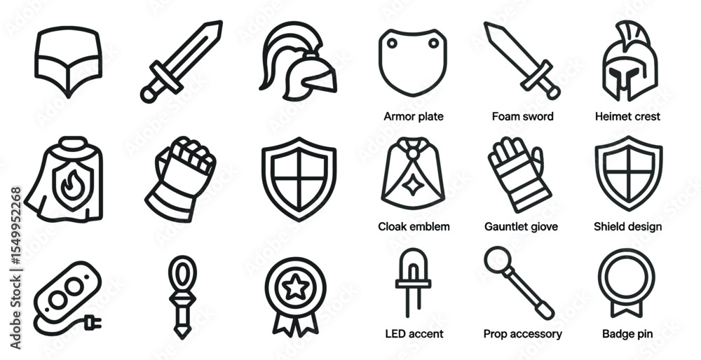 Fototapeta premium Medieval and fantasy outline icons set – armor, swords, and shields symbols