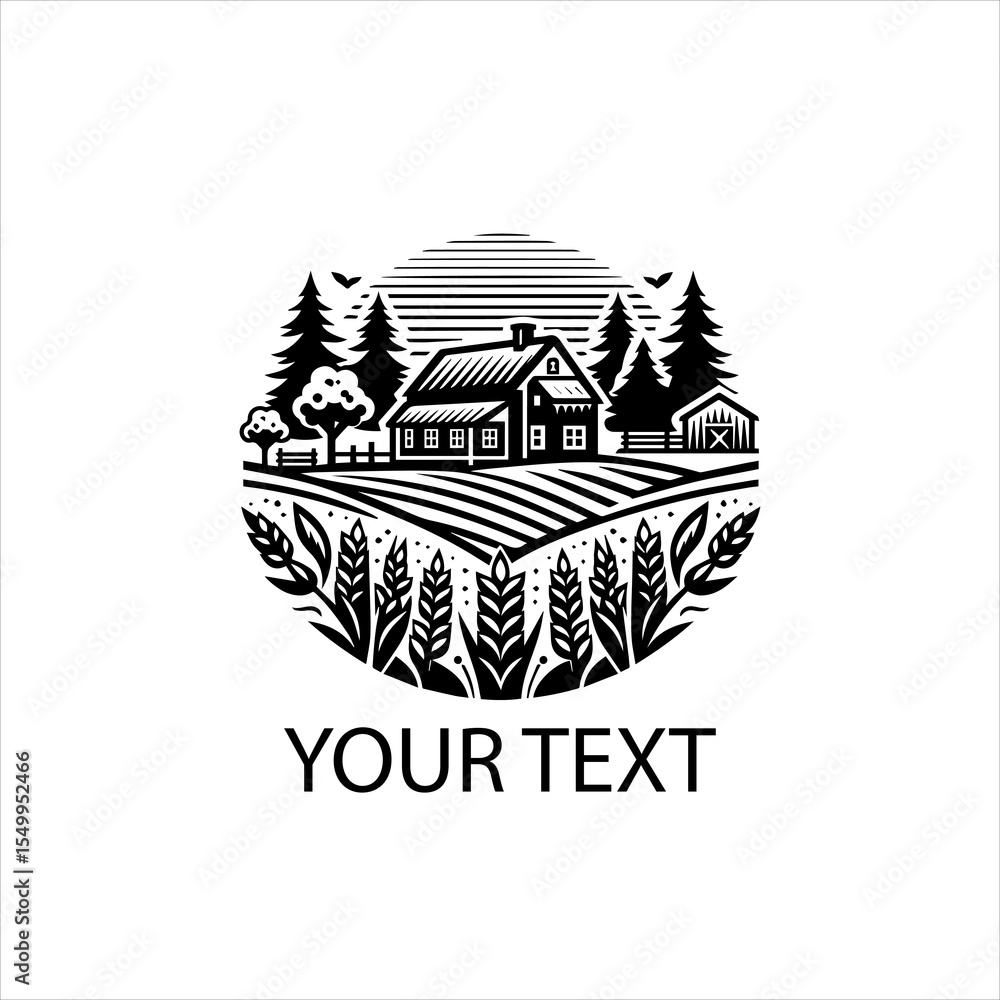 Obraz premium Farmhouse with Field and Trees Vector Logo in Black and White Isolated on White Background