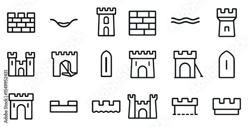 Castle and fortress icons set – outline, line, medieval and historical symbols