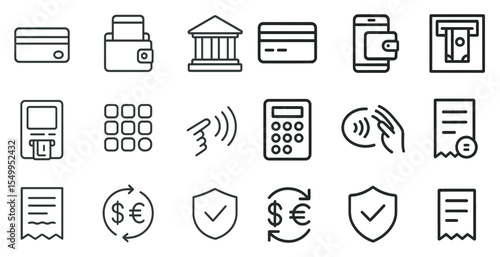 Banking and finance line icons set – outline, monetary, payment symbols