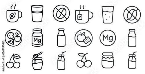 Nutrition and beverage icons set – outline, food, diet and health symbols