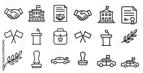 Government and organization outline icons set – linear, silhouette, official symbols